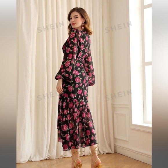 🔥HOT🔥 SHEIN Modely Floral Print Lantern Sleeve Ruched Mermaid Hem Dress midi - Picture 2 of 9